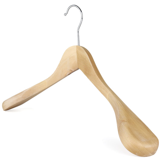 The Rustic Motifs Wooden Natural Suit (No Bar) 44cm is a natural wood suit hanger with a metal hook, designed with broad, curved shoulders for holding suits or other heavy garments. The light-colored wood has a smooth, polished finish and measures 44cm long, perfect for refined garment storage.