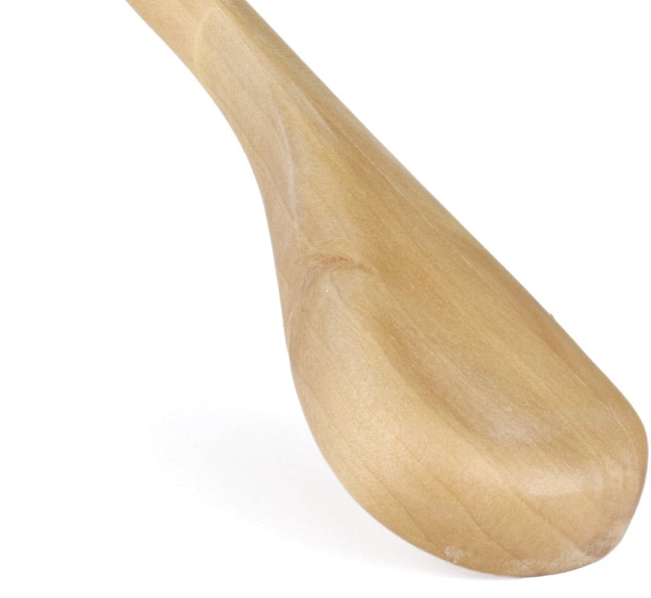 A wooden spoon with a smooth, light brown finish is shown against a white background. The spoon has a slightly oval-shaped bowl and a curved handle, resembling the elegance of a Wooden Natural Suit (No Bar) 44cm by Rustic Motifs used for garment storage.