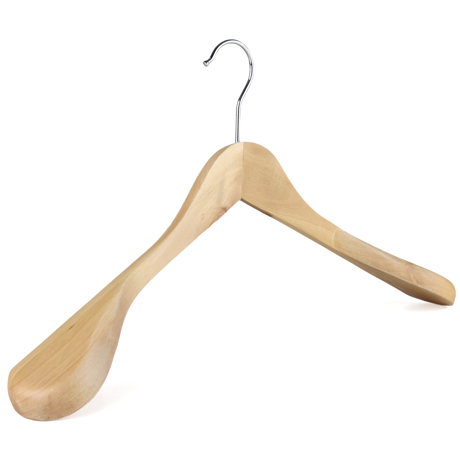 A Rustic Motifs Wooden Natural Suit (No Bar) 44cm hanger with broad, rounded ends designed to support heavy garments such as suits or coats. It features a smooth finish and a shiny metal hook at the top for garment storage. The hanger is positioned against a white background.