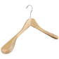 A Rustic Motifs Wooden Natural Suit (No Bar) 44cm hanger with broad, rounded ends designed to support heavy garments such as suits or coats. It features a smooth finish and a shiny metal hook at the top for garment storage. The hanger is positioned against a white background.