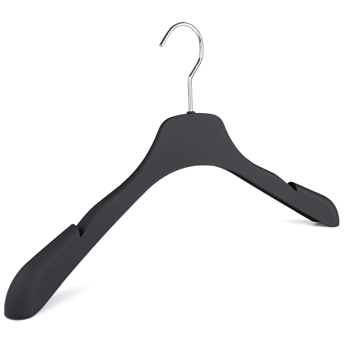 A Black Soft-Touch Jacket Hanger with Notches, 42cm by Rustic Motifs is shown against a plain white background. The high-quality hanger has wide shoulders and notches for straps, making it suitable for a variety of clothing items, perfect for enhancing closet organization.