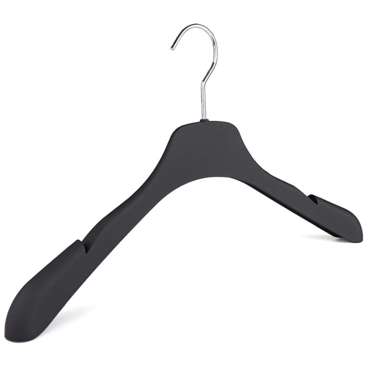 A Black Soft-Touch Jacket Hanger with Notches, 42cm by Rustic Motifs is shown against a plain white background. The high-quality hanger has wide shoulders and notches for straps, making it suitable for a variety of clothing items, perfect for enhancing closet organization.