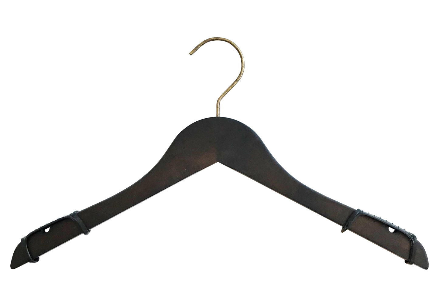 A black wooden clothes hanger with a vintage, wide shoulder design, gold metal hook, and black non-slip grips on each end of the arms. The Wooden Antique finish Top 38cm by Rustic Motifs is isolated on a white background.