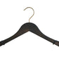 A black wooden clothes hanger with a vintage, wide shoulder design, gold metal hook, and black non-slip grips on each end of the arms. The Wooden Antique finish Top 38cm by Rustic Motifs is isolated on a white background.