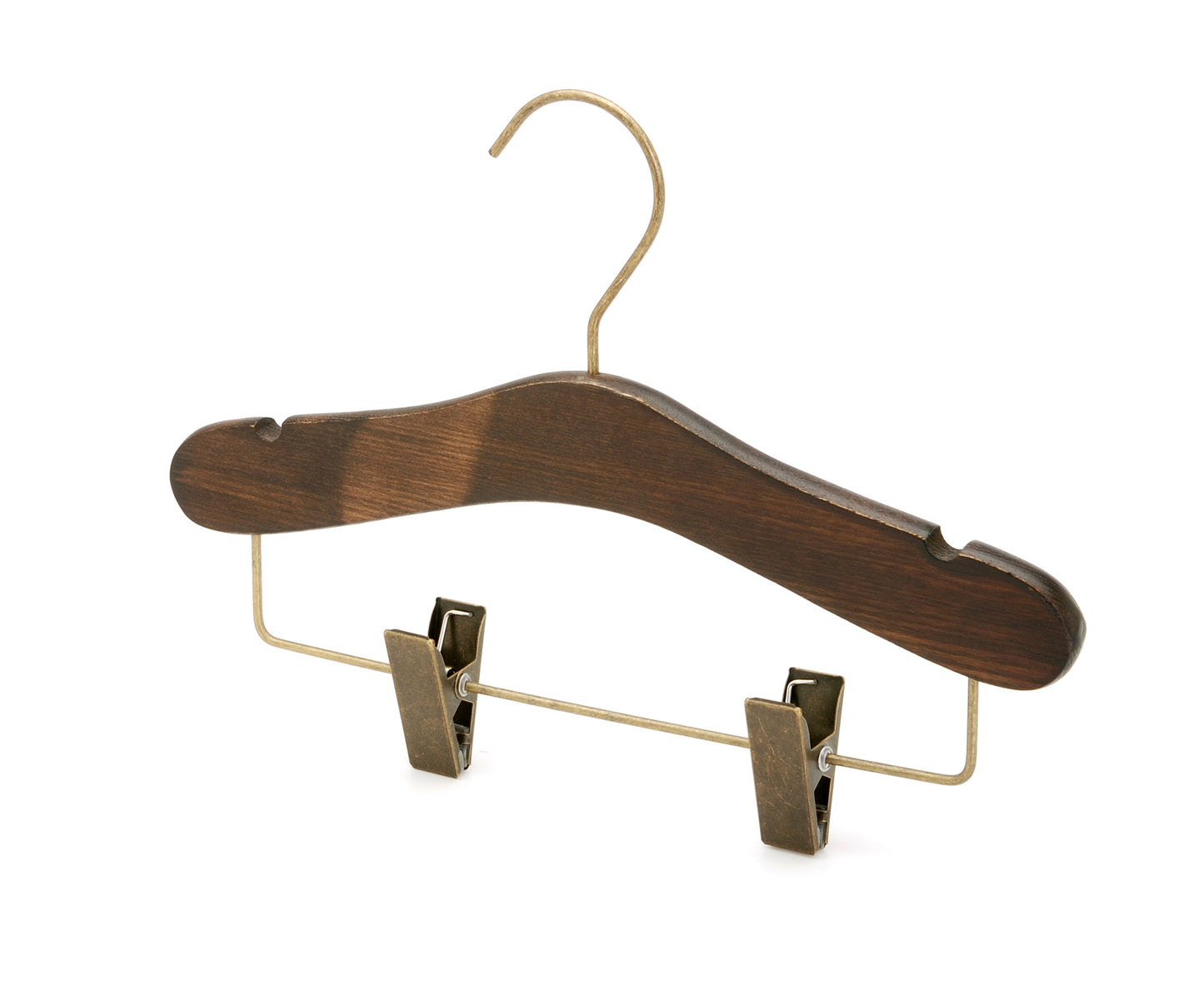 A Rustic Motifs Wooden Antique Kids Top Clip (Brass Hook) 28cm made from dark ash wood, featuring a metal hook and metal clips at the bottom. The hanger has notches on the shoulders for hanging straps and a horizontal bar with two adjustable clips, suitable for hanging kids' pants or skirts.