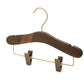 A Rustic Motifs Wooden Antique Kids Top Clip (Brass Hook) 28cm made from dark ash wood, featuring a metal hook and metal clips at the bottom. The hanger has notches on the shoulders for hanging straps and a horizontal bar with two adjustable clips, suitable for hanging kids' pants or skirts.