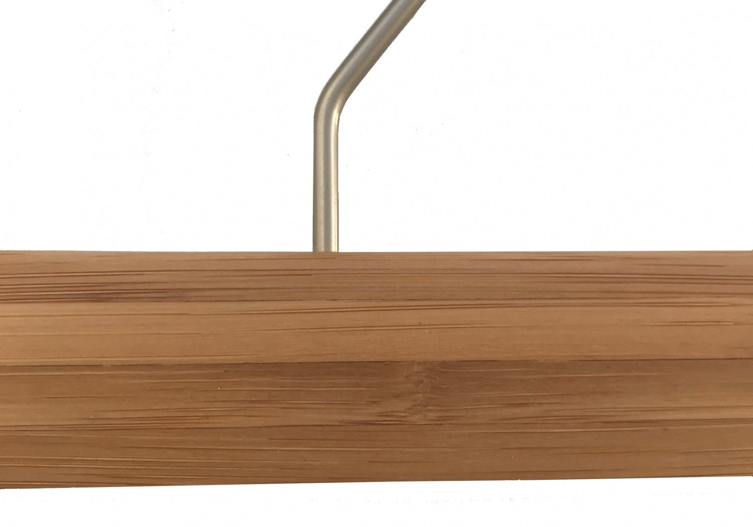Close-up image of a Rustic Motifs Bamboo Wood Sustainable Clip Bottom Hanger 35cm with a metal hook. The hanger has a smooth finish and a natural wood grain texture, exemplifying eco-friendly wardrobe accessories. The background is plain white.
