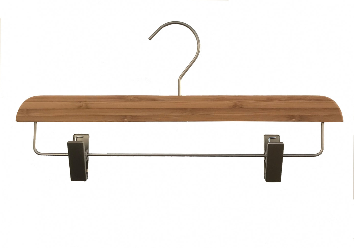 A Rustic Motifs Bamboo Wood Sustainable Clip Bottom Hanger 35cm with a metal hook on top and sustainable clip bottoms for hanging pants or skirts. The bamboo has a light, natural finish and the metal parts are silver in color. Perfect for eco-friendly wardrobe accessories, it comes against a plain white background.