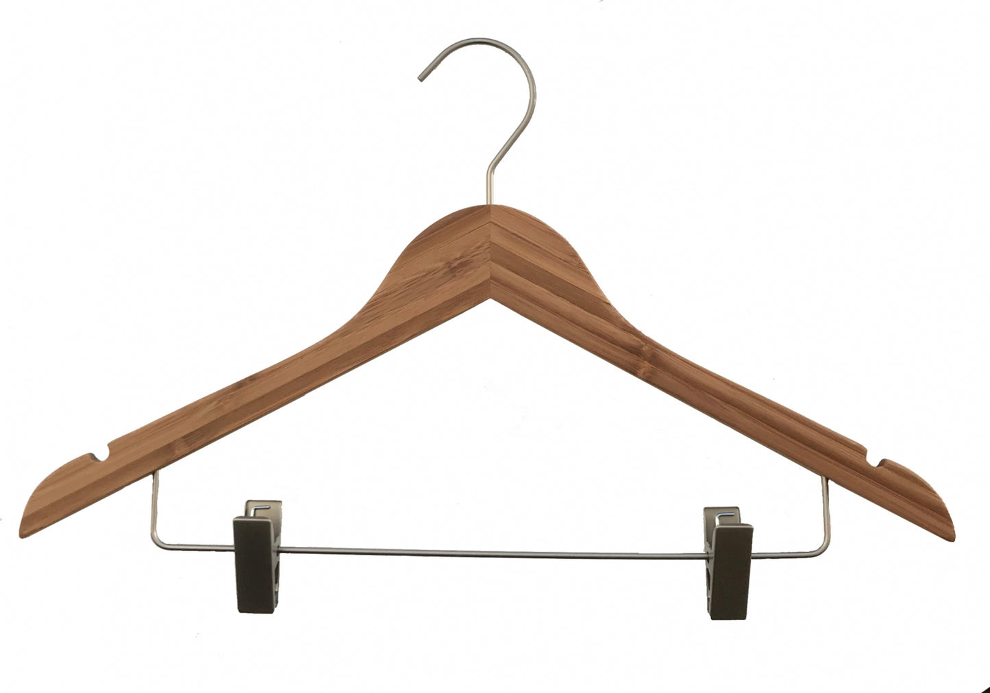 A Bamboo Wood Sustainable Top Clip Hanger 42cm from Rustic Motifs with a metal hook and clips is shown against a white background. The eco-friendly clothing organizer features notches on both ends for secure hanging of garments and metal clamps at the bottom for holding skirts or pants.