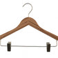 A Bamboo Wood Sustainable Top Clip Hanger 42cm from Rustic Motifs with a metal hook and clips is shown against a white background. The eco-friendly clothing organizer features notches on both ends for secure hanging of garments and metal clamps at the bottom for holding skirts or pants.