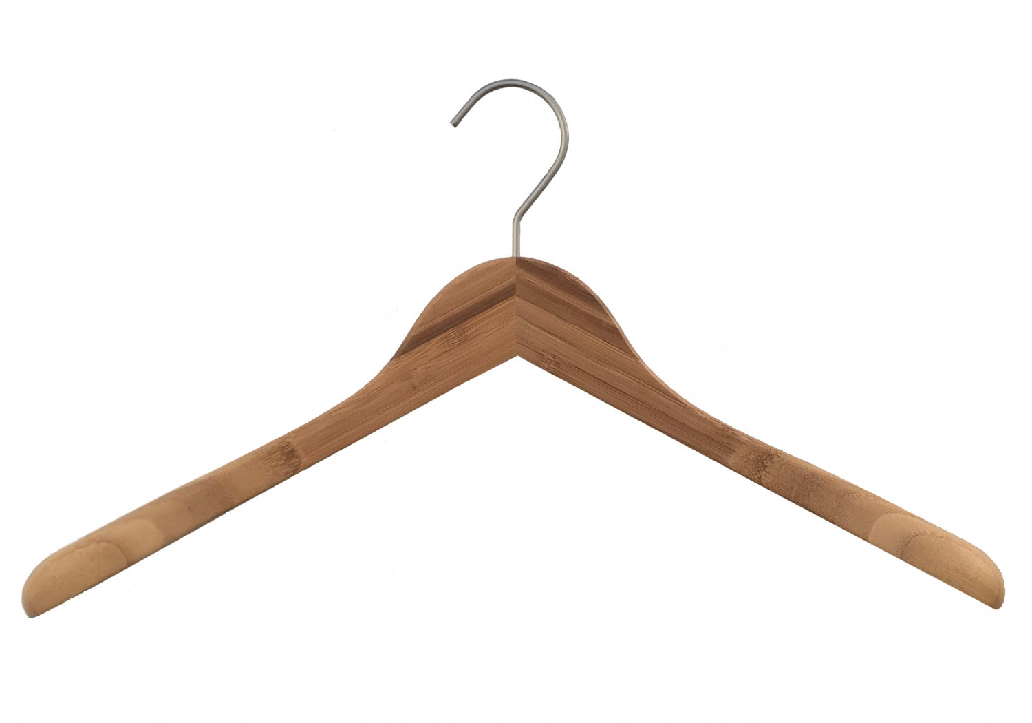 A Rustic Motifs Bamboo Wood Sustainable Top Jacket Hanger 42cm with a natural finish and smooth surface is pictured against a white background. The eco-friendly hanger features a rounded metal hook at the top and slightly angled arms for holding garments.