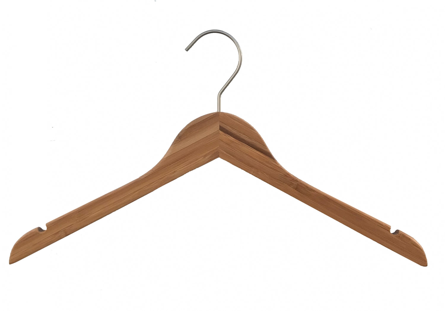 A "Bamboo Wood Sustainable Top Hanger with Notch 42cm" by Rustic Motifs with a metal hook at the top and two notches, one on each side, for securing straps. The eco-friendly hanger's wood has a smooth, polished finish, and the metal hook is shiny and curved. The background is plain white.