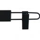 A Black Wooden Clip Bottom Hanger 37cm by Rustic Motifs on a white background. The hanger extends outward from the main body, a rectangular block, and curves back inward at the end. A small sturdy clip is attached near the curved end. The design allows for versatile use with 360-degree rotation capabilities.