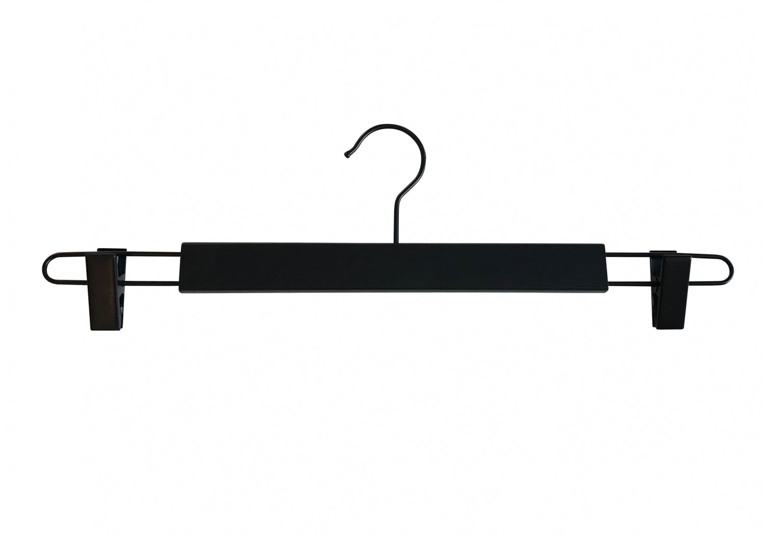 A Rustic Motifs Black Wooden Clip Bottom Hanger 37cm with sturdy clips on each end, designed for hanging pants or skirts. The hanger features a central bar with adjustable clips and a 360-degree rotation hook at the top for easy closet organization. The image is set against a plain white background.