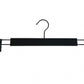 A Rustic Motifs Black Wooden Clip Bottom Hanger 37cm with sturdy clips on each end, designed for hanging pants or skirts. The hanger features a central bar with adjustable clips and a 360-degree rotation hook at the top for easy closet organization. The image is set against a plain white background.