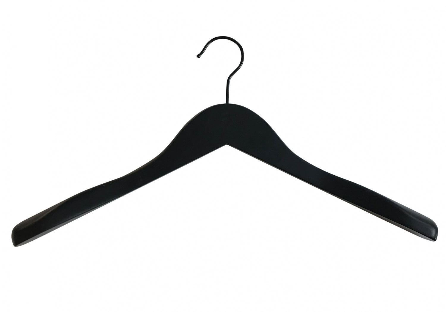 A stylish Rustic Motifs Black Wooden Jacket Top Coat Hanger 38cm with broad, slightly curved shoulder supports and a central hook at the top, designed for hanging clothes. This high-quality hanger ensures your garments are well-supported. The background is plain white.