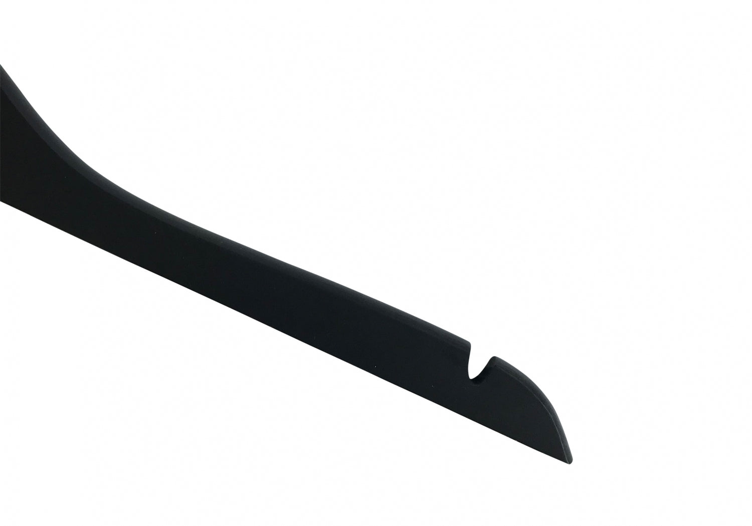 A close-up of a black, curved tool with a hooked end and a small notch, resembling a Rustic Motifs Black Wooden Top Clothes Hanger with Notch 44cm, set against a plain white background.