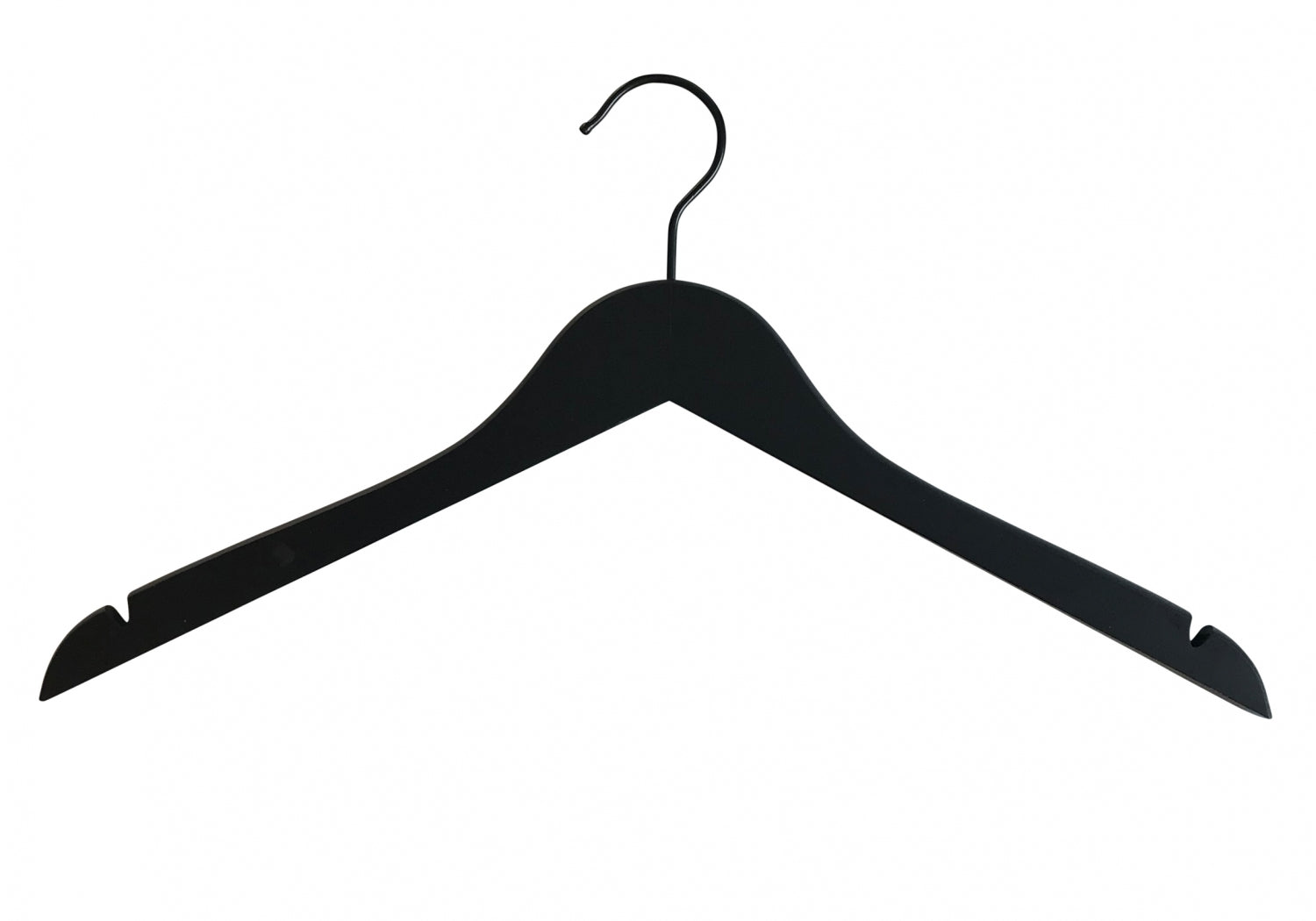 A Rustic Motifs Black Wooden Top Clothes Hanger with Notch 38cm, with a curved top, a metal hook at the center, and notches on each side for securing clothing is positioned against a white background.