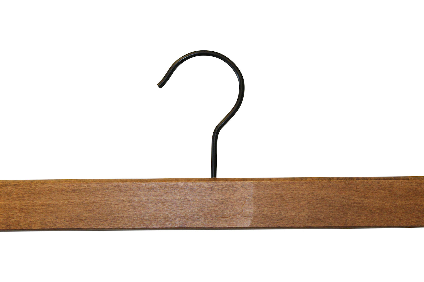 The Rustic Motifs Dark Wood Sustainable Bottom Trouser Skirt Hanger With Clips 37cm with a curved black metal hook and strong metal clips is portrayed against a plain white background.