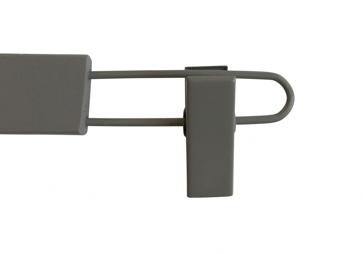 A Grey Wooden Kids Clip Bottom Hanger 26cm by Rustic Motifs, with two parallel bars extending from it, curving into a U shape on the right side and connected to another rectangular piece, all in a gray finish resembling an eco-friendly wood hanger, set against a plain white background.