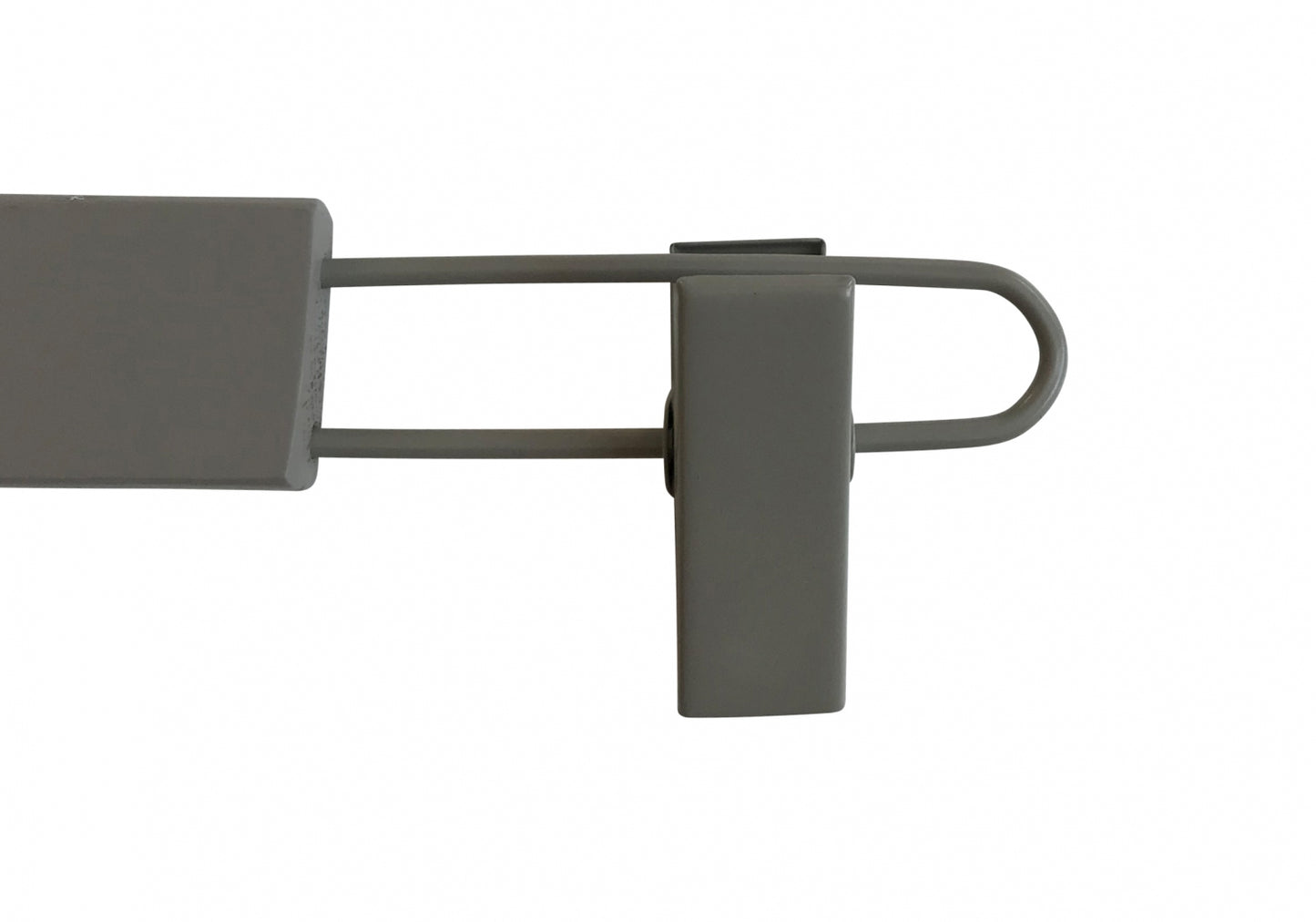 A Grey Wooden Kids Clip Bottom Hanger 26cm by Rustic Motifs, with two parallel bars extending from it, curving into a U shape on the right side and connected to another rectangular piece, all in a gray finish resembling an eco-friendly wood hanger, set against a plain white background.