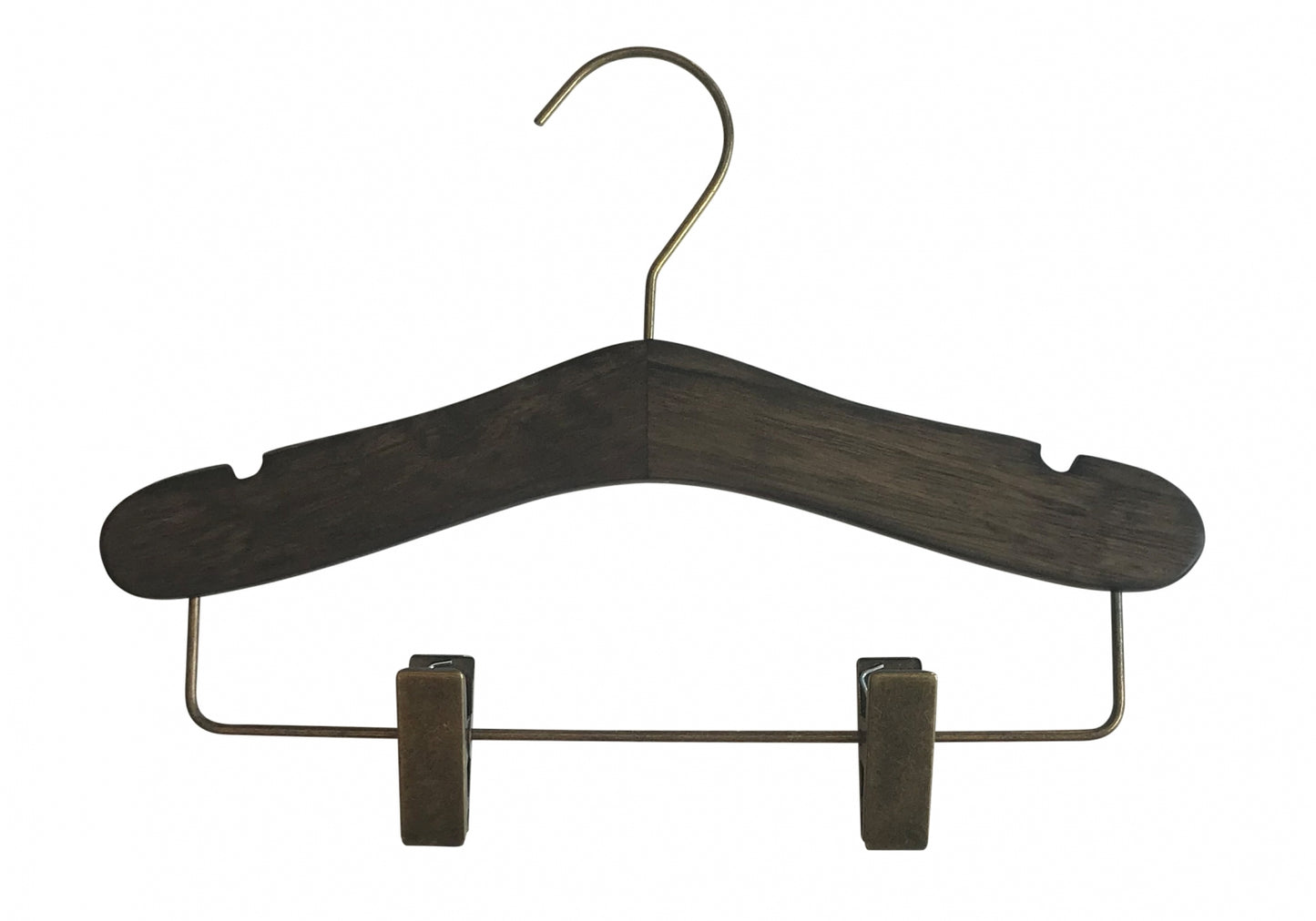 The Rustic Motifs Wooden Antique Kids Top Clip (Gun Metal Hook) with a brass hook showcases timeless elegance with its notches for securing garments. It also features a brass bottom bar equipped with two adjustable clips for holding pants or skirts. The wooden antique finish is set against a plain white background.