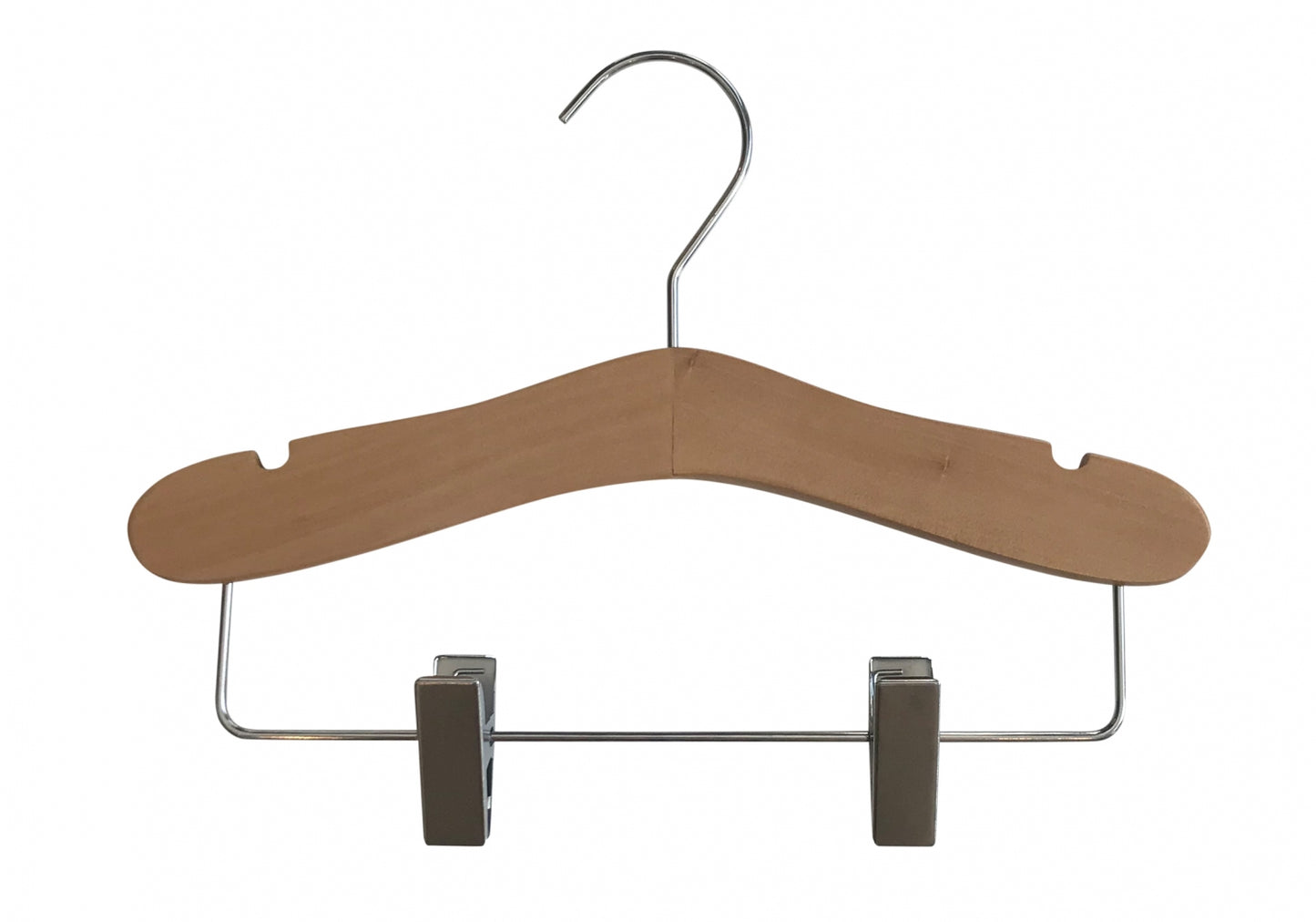 The Rustic Motifs Natural Wood Coat Kids Hanger with Bar 28cm is a high-quality wooden clothes hanger with a metal hook on top and metal clips at the bottom. Perfect for a child's wardrobe, it features a smooth, curved design with notches for securing garment straps. The adjustable metal clips are ideal for hanging pants or skirts.
