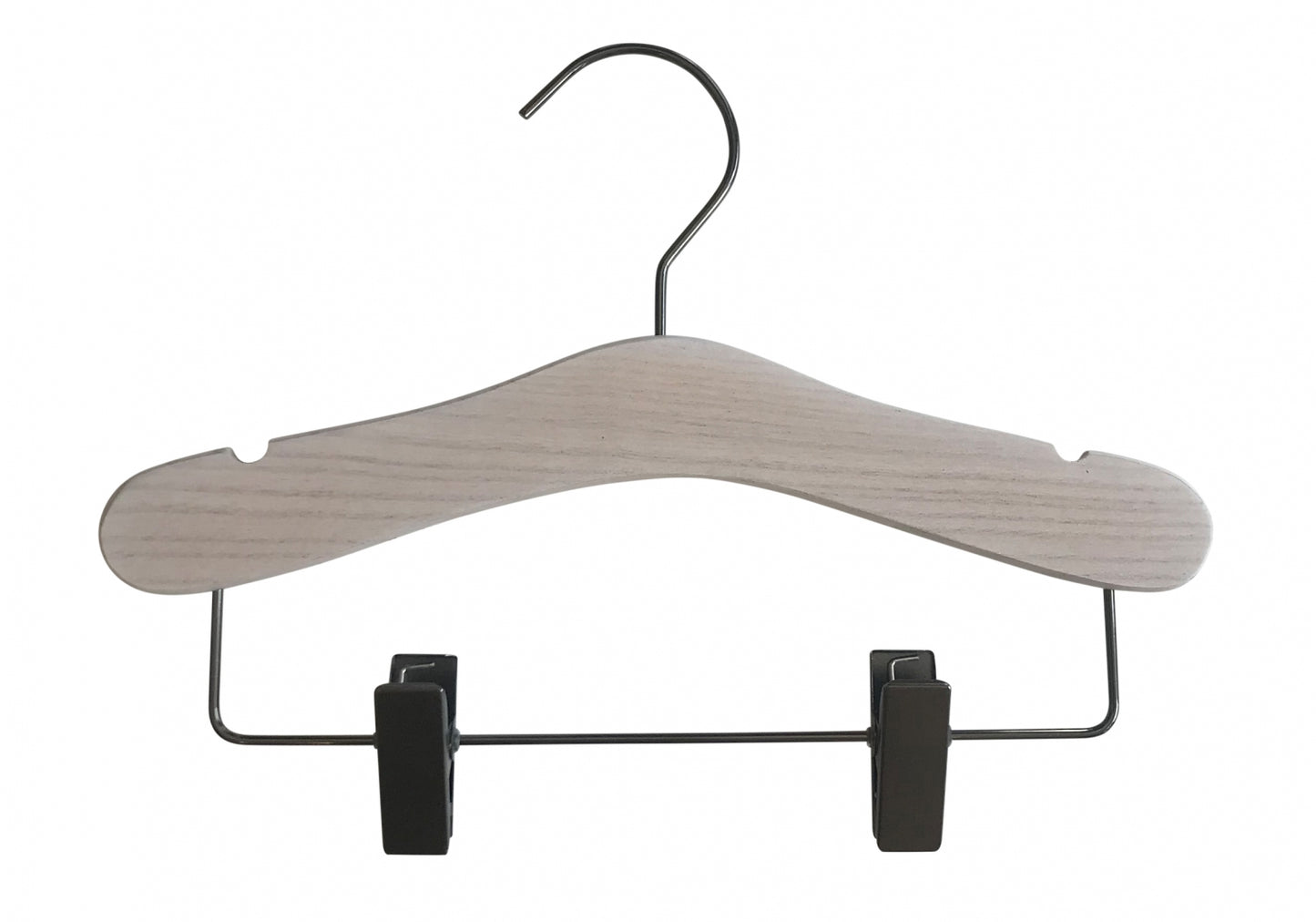 A White Ash Wood Coat Kids Hanger with Bar 28cm by Rustic Motifs, made from children's white ash wood with a metal hook on top and two adjustable black metal clips at the bottom, designed to hang clothing items. The hanger has notches on both sides to accommodate garments with straps, making it perfect for child's wardrobe organization.