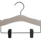 A White Ash Wood Coat Kids Hanger with Bar 28cm by Rustic Motifs, made from children's white ash wood with a metal hook on top and two adjustable black metal clips at the bottom, designed to hang clothing items. The hanger has notches on both sides to accommodate garments with straps, making it perfect for child's wardrobe organization.