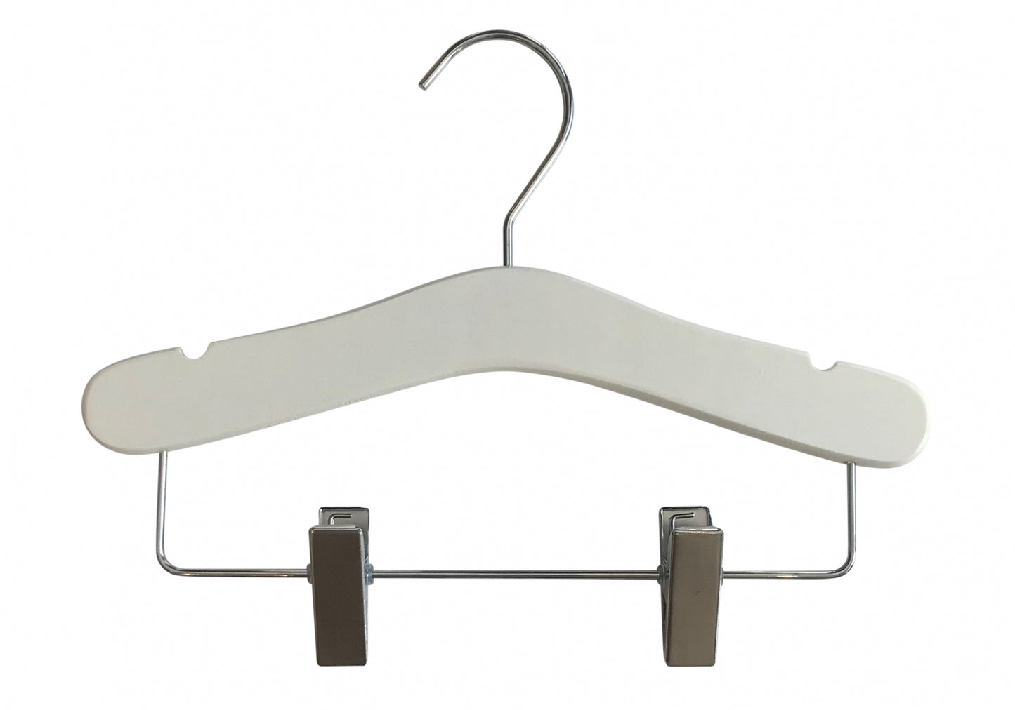 A White Wood Top Coat Kids Hanger with Bar 28cm with a metal hook and metal clips at the bottom. The hanger's contoured design offers better support for garments and the clips are ideal for holding items like skirts or pants. Part of the Rustic Motifs collection, this piece ensures your clothes stay perfectly organized.