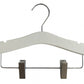 A White Wood Top Coat Kids Hanger with Bar 28cm with a metal hook and metal clips at the bottom. The hanger's contoured design offers better support for garments and the clips are ideal for holding items like skirts or pants. Part of the Rustic Motifs collection, this piece ensures your clothes stay perfectly organized.
