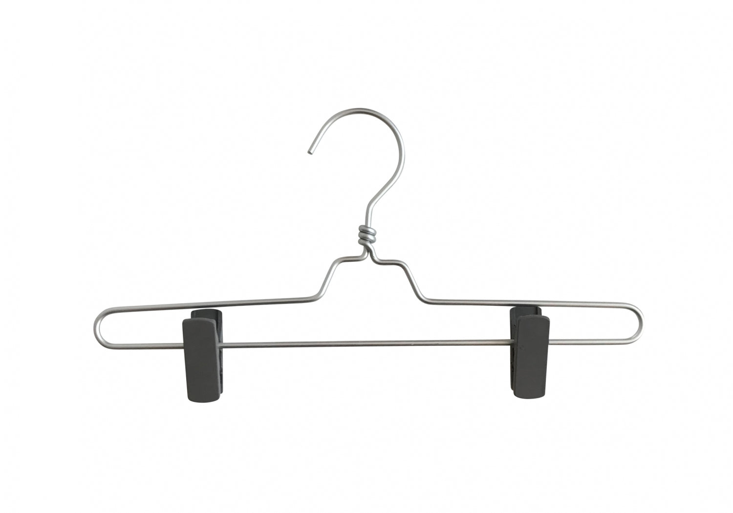 A minimalist Natural Aluminium Clip Bottom Hanger 35cm from Rustic Motifs with a hook on top, featuring two adjustable clips at the bottom for hanging pants or skirts. The sleek, aluminium hanger has a simple design against a white background.