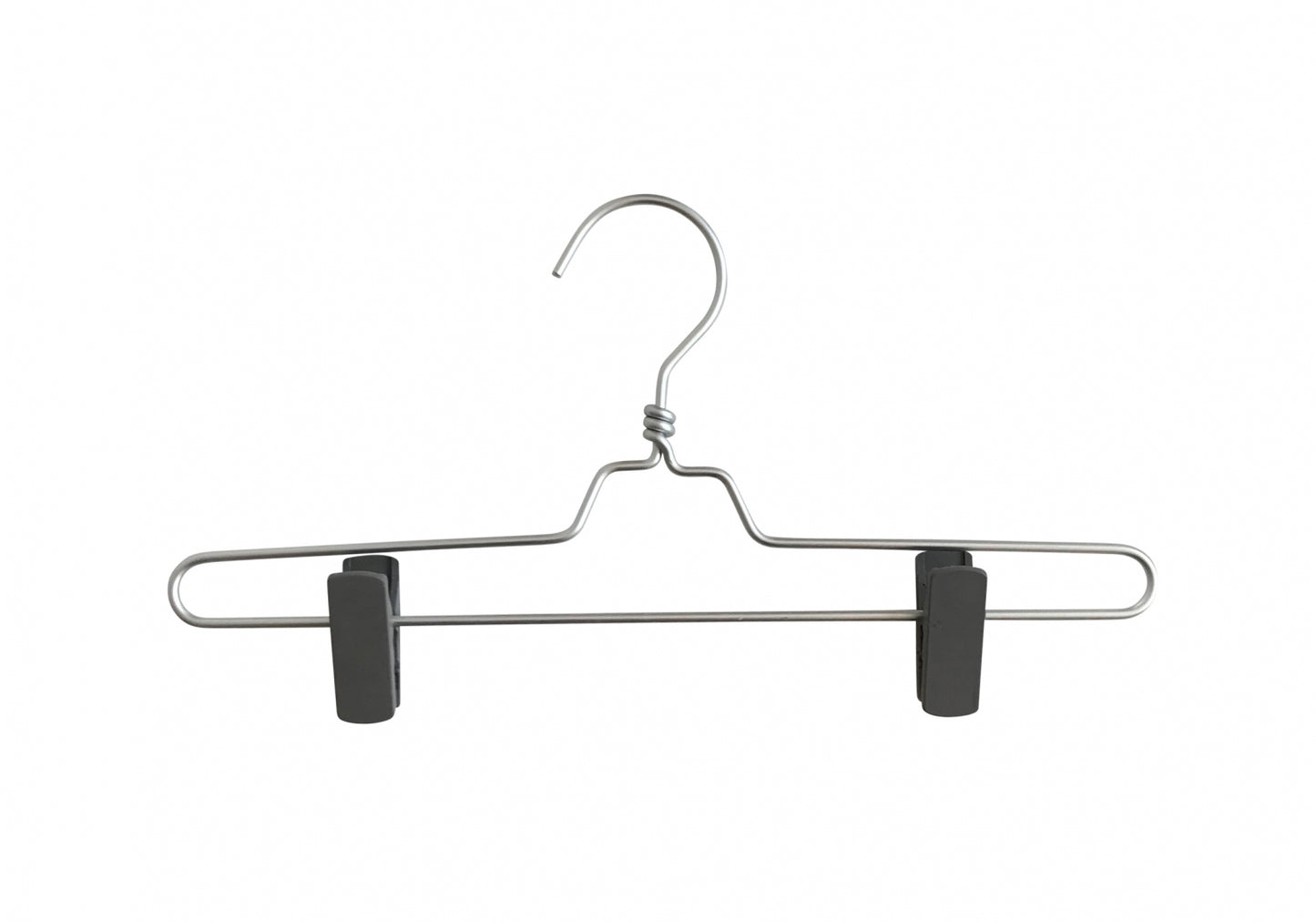 A minimalist Natural Aluminium Clip Bottom Hanger 35cm from Rustic Motifs with a hook on top, featuring two adjustable clips at the bottom for hanging pants or skirts. The sleek, aluminium hanger has a simple design against a white background.