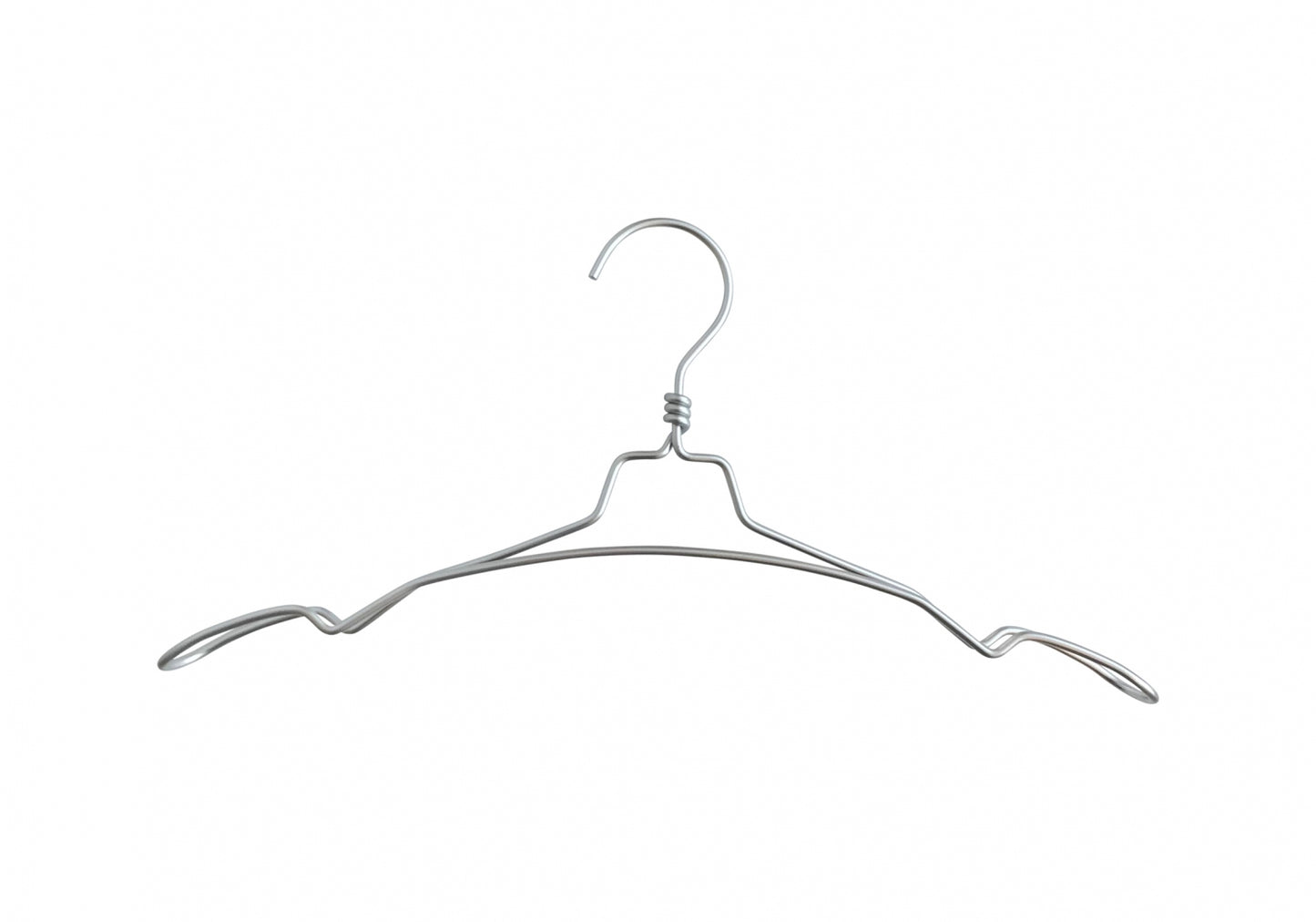 A Rustic Motifs Natural Aluminium Top Notch Coat Hanger 40cm is displayed on a white background. The silver, metal wire coat hanger features a hook at the top and a simple, minimalist design with slight curves at the ends for possibly holding garments with delicate straps, perfect for wardrobe organization.
