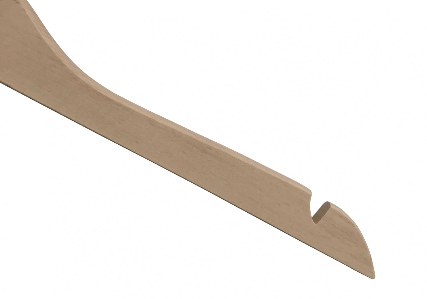 A close-up view of a wooden tool with a curved handle and a flat, elongated body featuring a notch feature at the end. The notched part suggests it may be used for gripping or hooking. Crafted from high-quality wood, this piece has a smooth, natural finish reminiscent of a Rustic Motifs Natural Wood Top Clothes Hanger with Notch 38cm.
