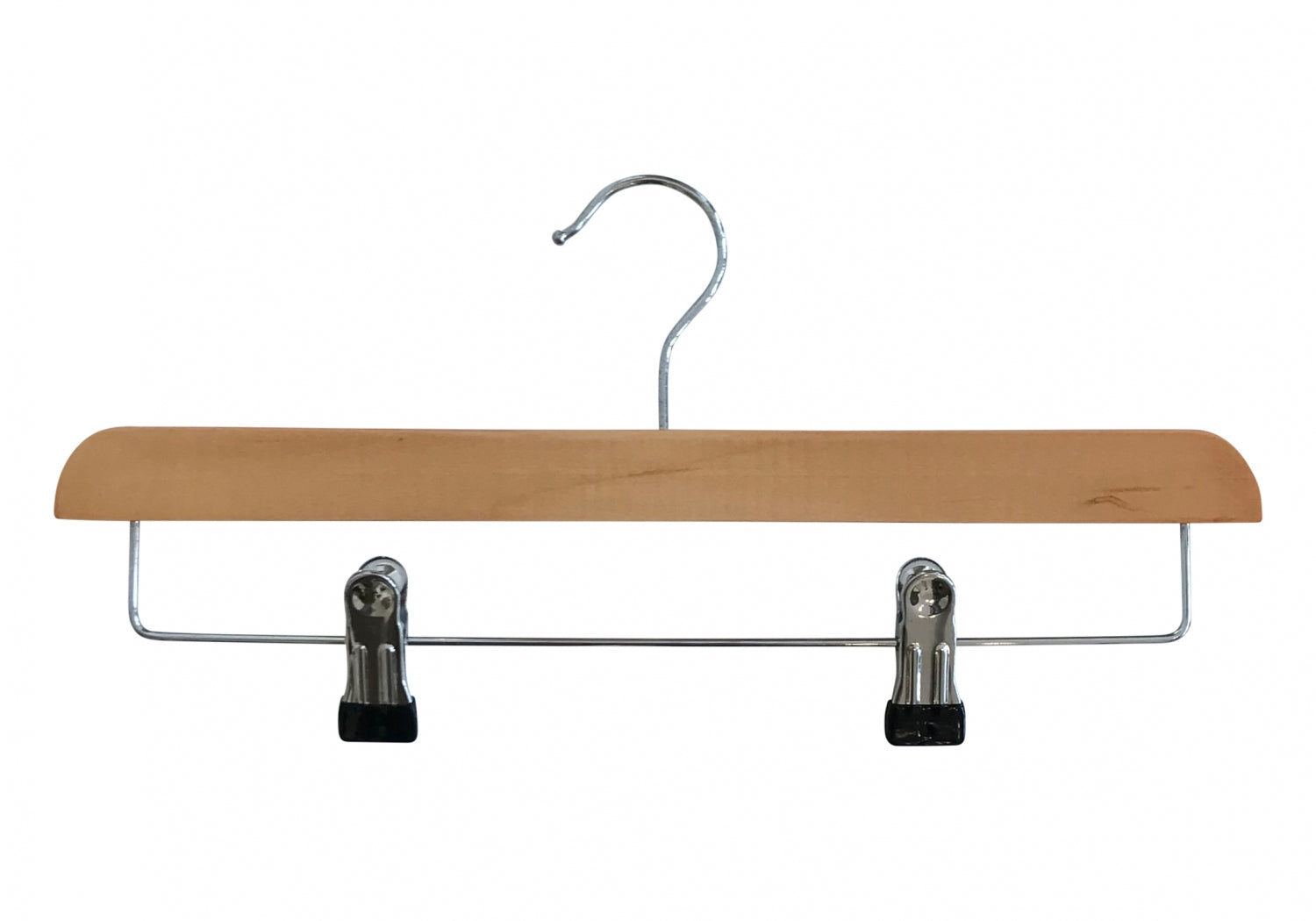 The Rustic Motifs Natural Wooden Clip Bottom Hanger 35cm is shown. This empty hanger boasts a metal hook for hanging and two adjustable metal clips with black grips at the bottom, perfect for wardrobe organization.