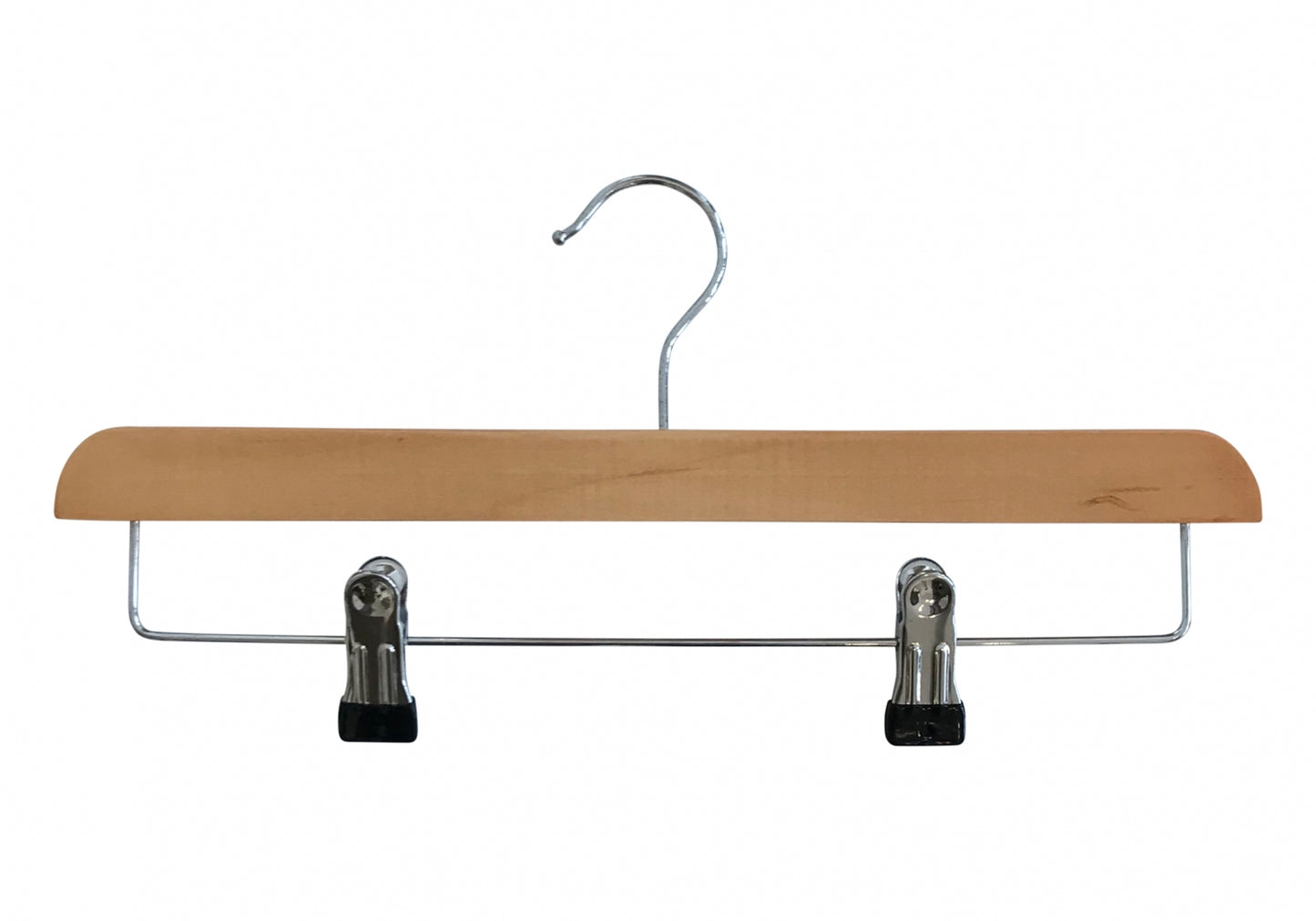 The Rustic Motifs Natural Wooden Clip Bottom Hanger 35cm is shown. This empty hanger boasts a metal hook for hanging and two adjustable metal clips with black grips at the bottom, perfect for wardrobe organization.