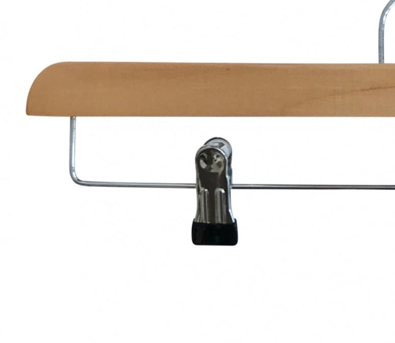 Introducing the Natural Wooden Clip Bottom Hanger 35cm by Rustic Motifs, designed for wardrobe organization. This premium wood hanger features a light-colored wooden top bar and adjustable metal clips with black rubber tips for a secure grip, all showcased against a plain white background.