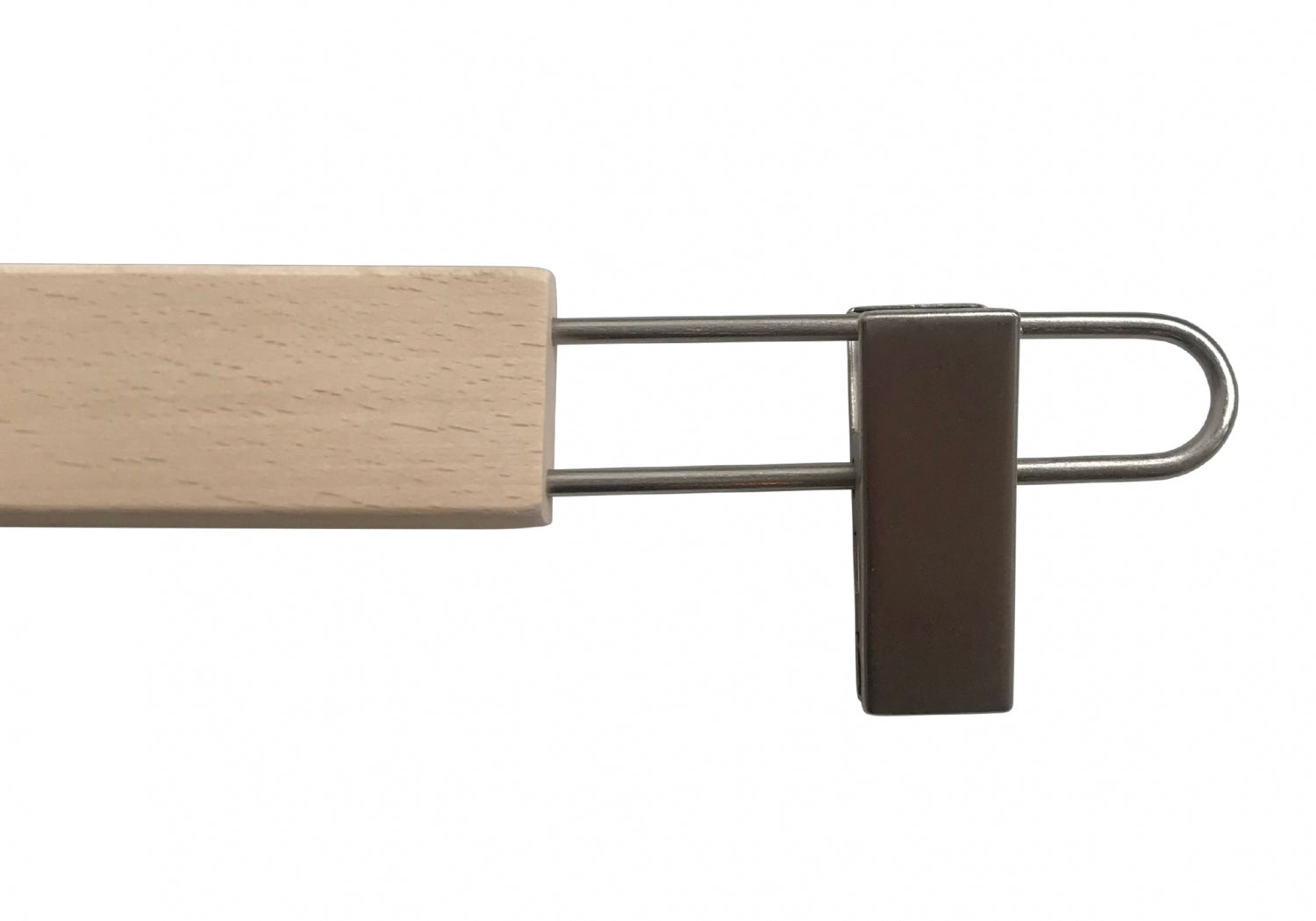 Close-up of a high-quality Rustic Motifs Natural Wooden Clip Bottom Hanger 37cm, isolated against a white background. The metallic clip is attached to the end of the hanger, designed to hold garments securely. Crafted from sustainable solid wood, this hanger ensures durability and eco-friendliness.