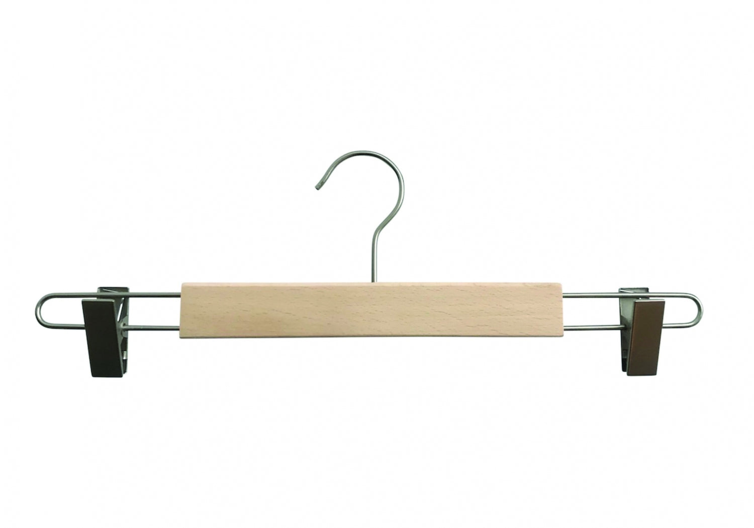 A high-quality Natural Wooden Clip Bottom Hanger 37cm from Rustic Motifs with a metal hook and two adjustable metal clips on either end, perfect for hanging trousers or skirts. Crafted from sustainable solid wood, the light-colored horizontal bar and sturdy metal support offer both functionality and elegance. The background is plain white.