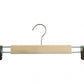A high-quality Natural Wooden Clip Bottom Hanger 37cm from Rustic Motifs with a metal hook and two adjustable metal clips on either end, perfect for hanging trousers or skirts. Crafted from sustainable solid wood, the light-colored horizontal bar and sturdy metal support offer both functionality and elegance. The background is plain white.