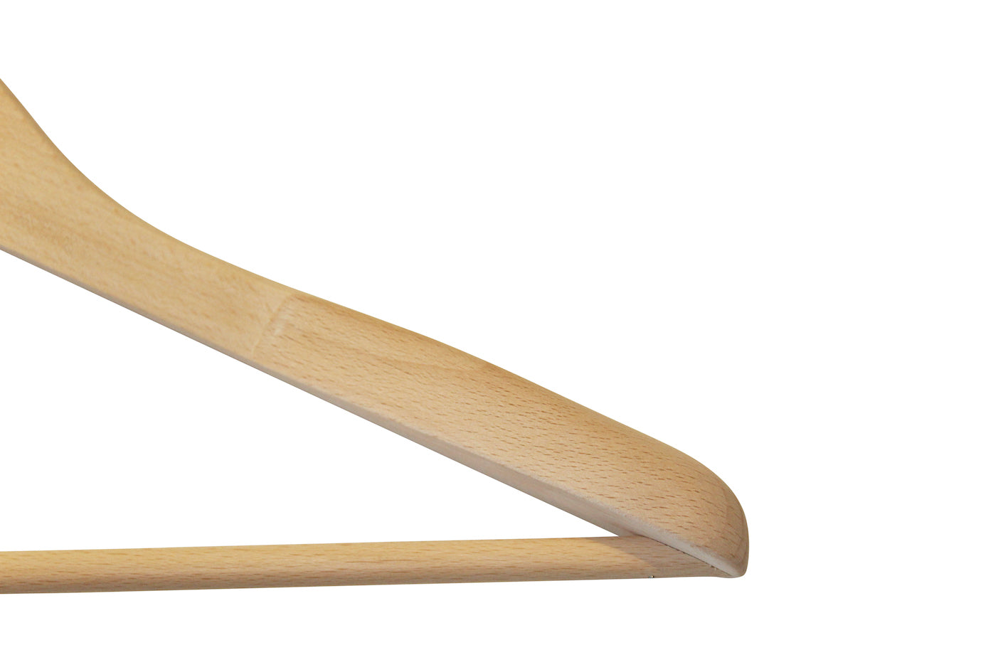 Close-up of the shoulder portion of a Rustic Motifs Natural Wooden Jacket Hanger with Trouser Bar 44cm. The smooth surface and gentle curve are clearly visible against the plain white background.