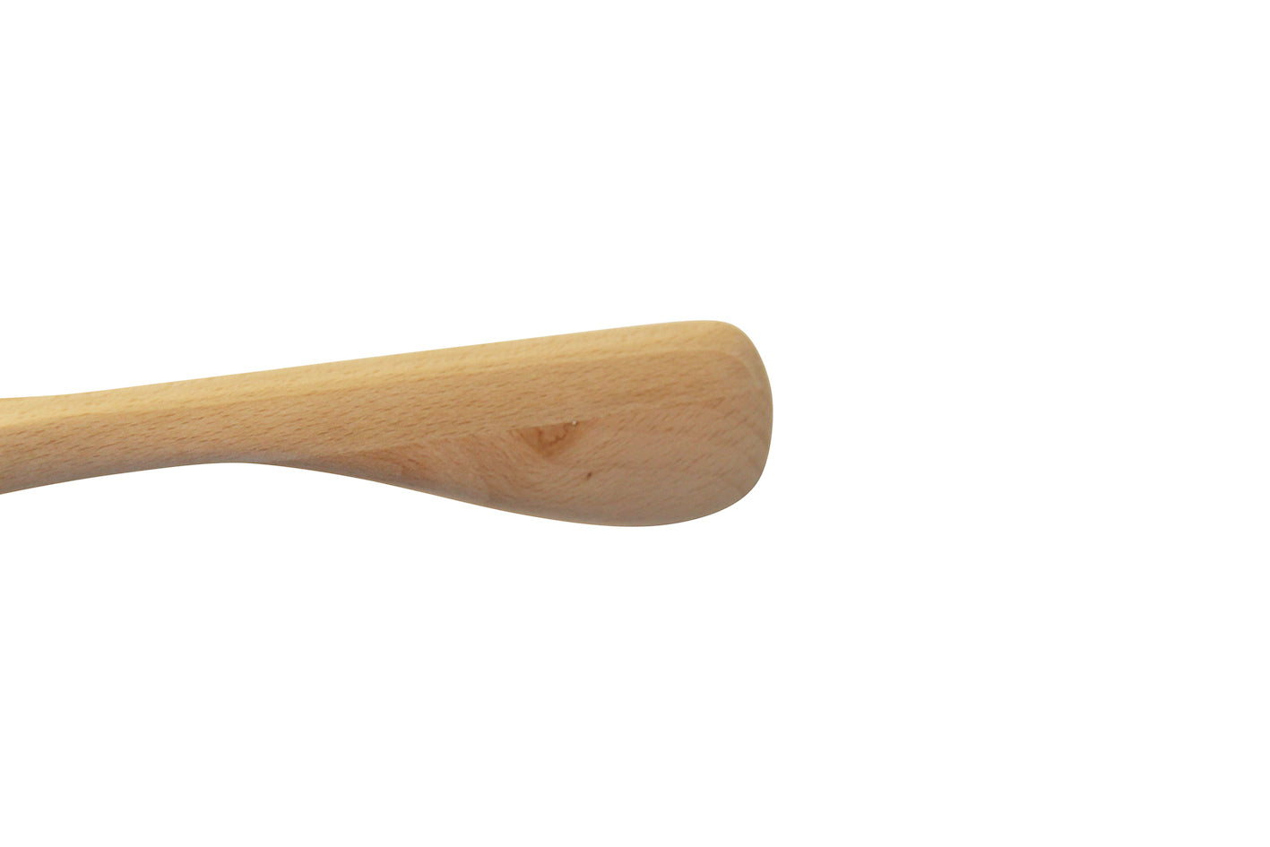 A close-up image of the tip of a wooden spatula against a white background. The spatula, akin to a Rustic Motifs Natural Wooden Jacket Hanger with Trouser Bar 44cm, is light brown with a smooth, slightly rounded end.