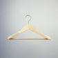 A Natural Wooden Jacket Hanger with Trouser Bar 39cm from Rustic Motifs is photographed against a plain light gray background. This sustainable wood hanger includes a pant bar at the bottom for additional clothing storage, making it ideal for closet organization and keeping suits neat.