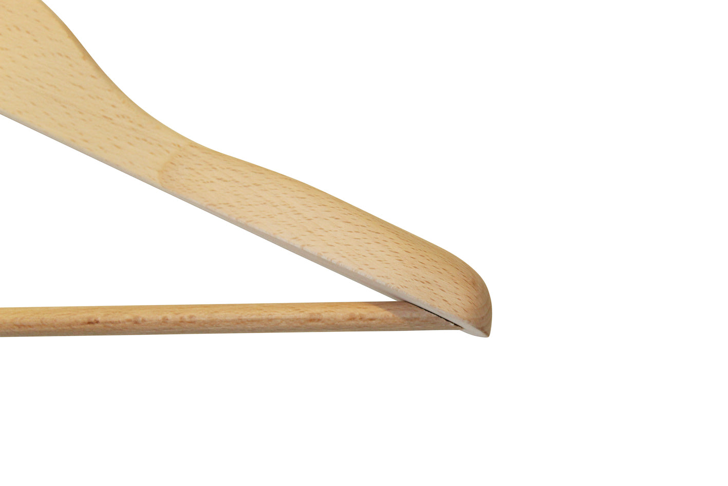 Close-up of a Rustic Motifs Natural Wooden Jacket Hanger with Trouser Bar 39cm against a white background. Only a section of the hanger is visible, showcasing the smooth finish and natural wood grain, perfect for eco-conscious closet organization.