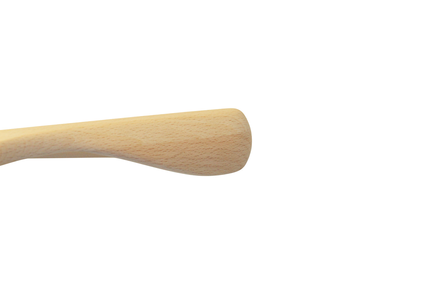 A close-up view of a light-colored wooden object, possibly the handle or end of a tool, photographed against a white background. The wood grain is visible, and the shape tapers slightly toward the end, reminiscent of sustainable wood used in Rustic Motifs's Natural Wooden Jacket Hanger with Trouser Bar 39cm for optimal closet organization.
