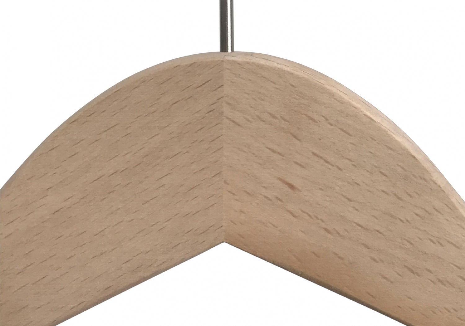 Close-up of the top part of a Natural Wooden Jacket Top Coat Hanger 38cm by Rustic Motifs. The hanger, made from solid wood, is light brown with a smooth texture, and a metal hook emerging from the center at the top. The detailed grain of the wood is visible in the image, perfect for wardrobe organization.