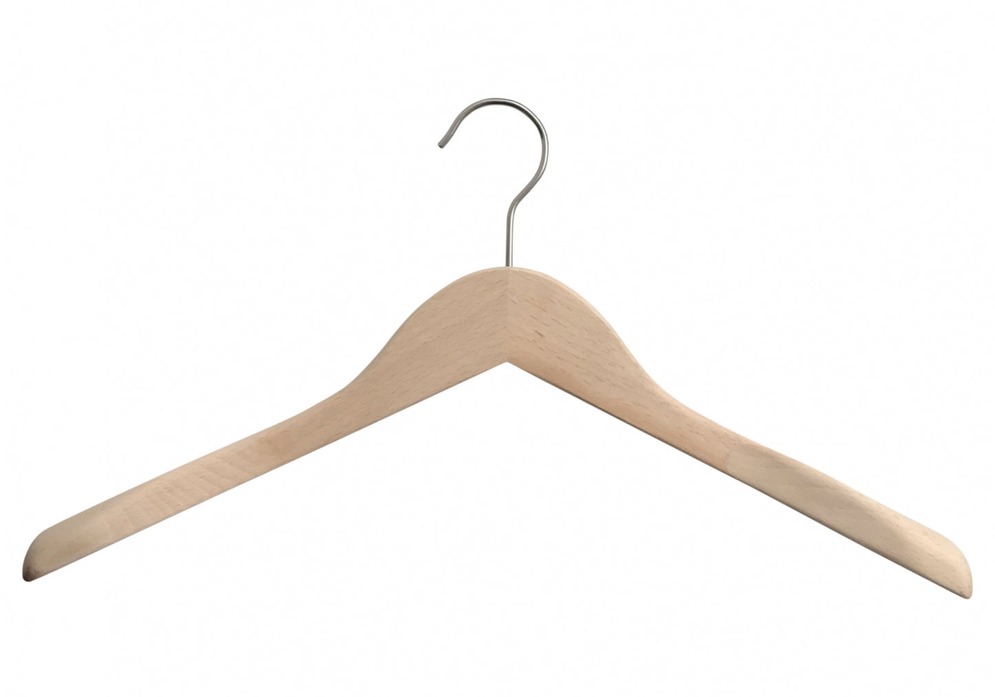 A solid wood hanger with a curved top and a metal hook. Designed with a broad shape to support clothes without causing creases, this Natural Wooden Jacket Top Coat Hanger 38cm from Rustic Motifs is perfect for wardrobe organization. The metal hook is centered at the top, extending upward and curving forward for easy hanging.