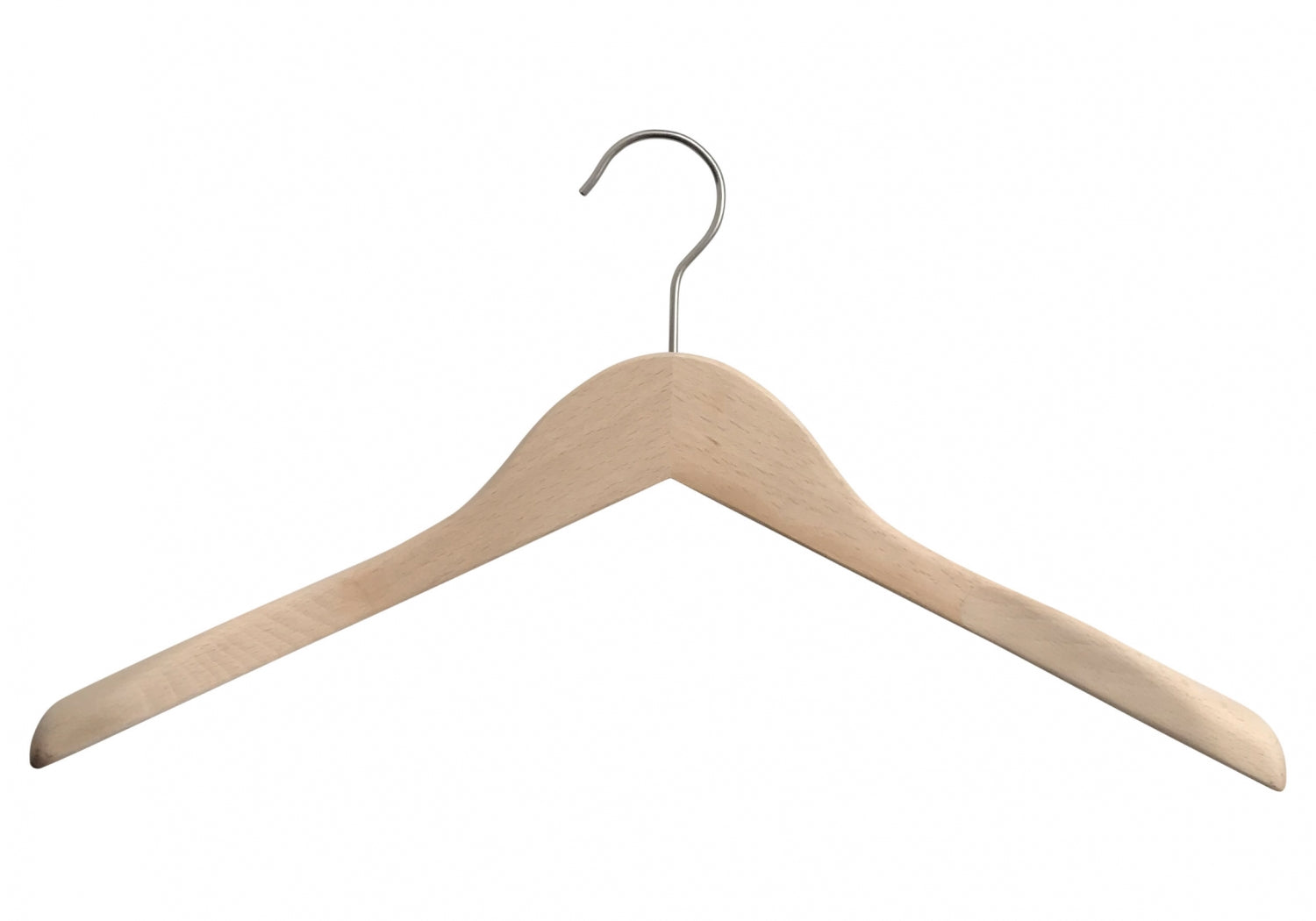 A solid wood hanger with a curved top and a metal hook. Designed with a broad shape to support clothes without causing creases, this Natural Wooden Jacket Top Coat Hanger 38cm from Rustic Motifs is perfect for wardrobe organization. The metal hook is centered at the top, extending upward and curving forward for easy hanging.