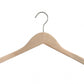 A solid wood hanger with a curved top and a metal hook. Designed with a broad shape to support clothes without causing creases, this Natural Wooden Jacket Top Coat Hanger 38cm from Rustic Motifs is perfect for wardrobe organization. The metal hook is centered at the top, extending upward and curving forward for easy hanging.